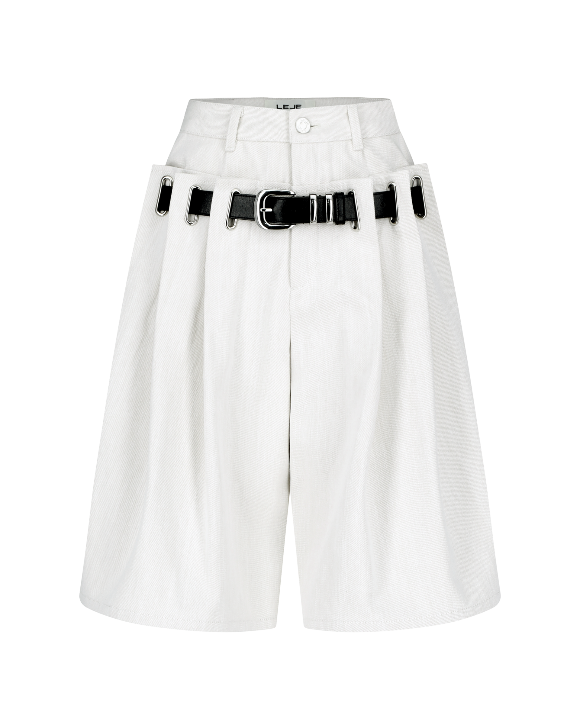 Double-Waist Belted Denim Shorts